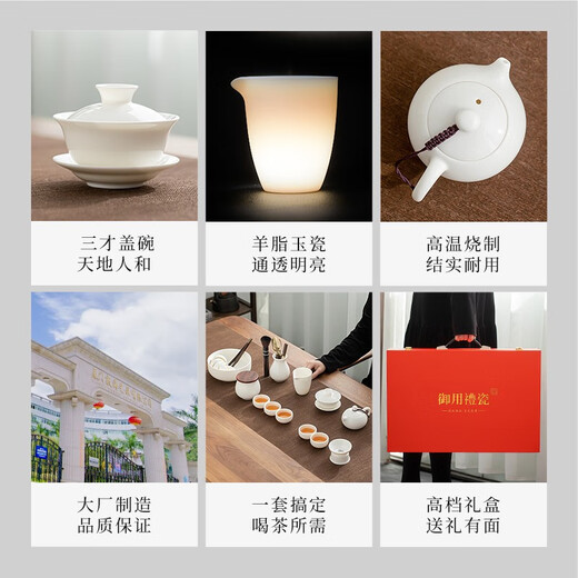 SUSHI CERAMICS Kung Fu Tea Set Dehua Mutton Fat Jade White Porcelain Cover Bowl Teapot Tea Washer Tea Can High-end Mid-Autumn Souvenir