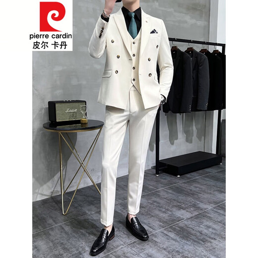 Pierre Cardin double-breasted suit men's suit wedding dress slim fit groom's suit men's Korean version trendy British style handsome black (suit + pants + vest + shirt) tie M