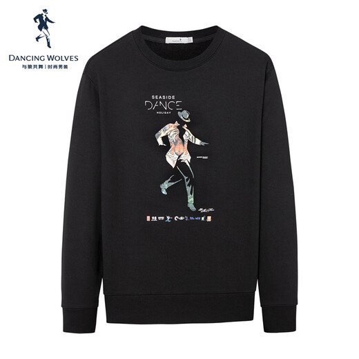 Dances with Wolves Velvet Sweatshirt Men's Autumn and Winter National Fashion Pattern Versatile Thick Sweatshirt Men's Top Black Velvet XL