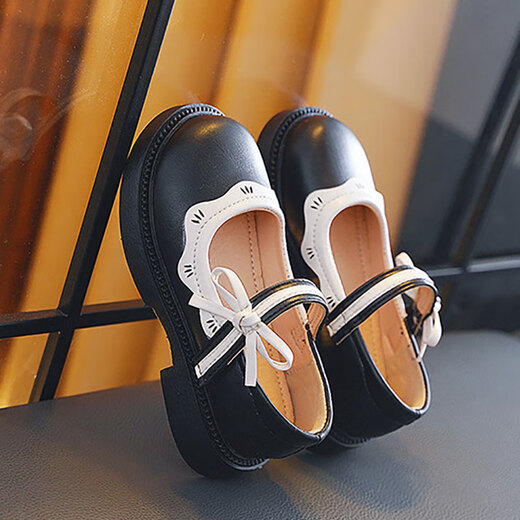 Xi'er small leather shoes for girls, children's spring and autumn princess shoes, student performance bows, big children's single shoes, college style performances, small leather shoes with bows, black, single layer, inner length 22cm