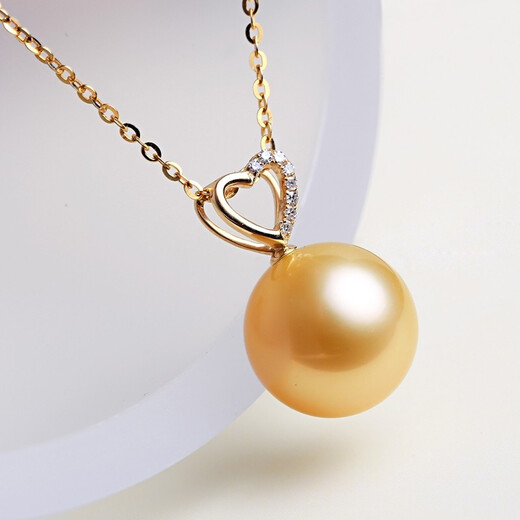 Haitong 18K gold set with diamonds South Sea gold bead pearl pendant single love light gold seawater necklace girl birthday gift light gold A grade / minor flaws 12-13mm