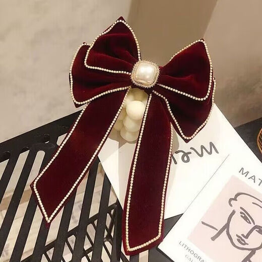 Meng Junchen Chinese style bridal toast dress wedding burgundy bow headdress velvet hairpin female festive velvet hairpin hairpin pearl long pendant velvet butterfly