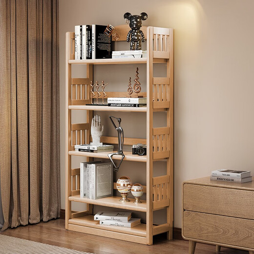 ZHURLINS solid wood bookshelf floor-to-ceiling living room storage rack bedroom storage rack home student study simple corner bookcase 80cm five-layer walnut color imported rubber wood
