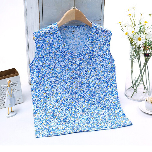 AB underwear women's pure cotton pajamas summer sleeveless sweatshirt middle-aged and elderly mothers printed V-neck cardigan vest T-shirt S724 Little Blue Flower XL (165/95)