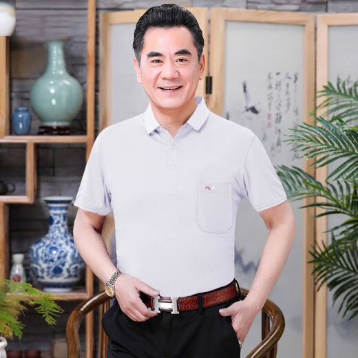 普戈斯夏季纯棉短袖t恤男士宽松中老年男装翻领上衣大红色夏天爸爸衣服 翻领701红色 XL 52# 【135-150斤】