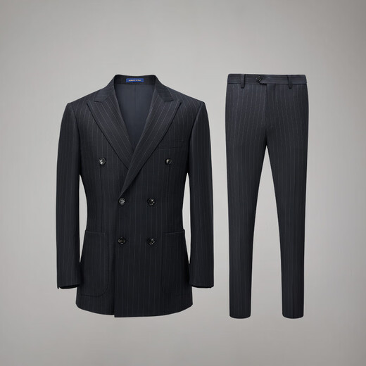 Guillaume de Mons Aojia pure wool double-breasted suit suit men's slim business formal attire professional groom wedding suit complete set for men navy striped top + trousers 185 48