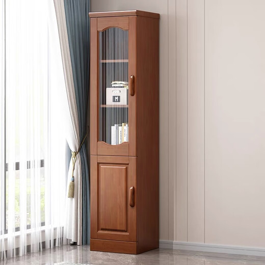 Wu solid wood bookcase wine cabinet with glass door small mini single door side cabinet corner cabinet living room bedroom storage rack storage cabinet Begonia color 40x38x187cm