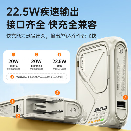 SUIDDY 3C certification | 4-in-1 power bank with built-in cable and plug 20,000 mAh large capacity Magsafe fast charging mobile power supply suitable for Apple, Huawei and Xiaomi 20,000 mAh, self-contained cable + magnetic suction + AC plug, coral orange