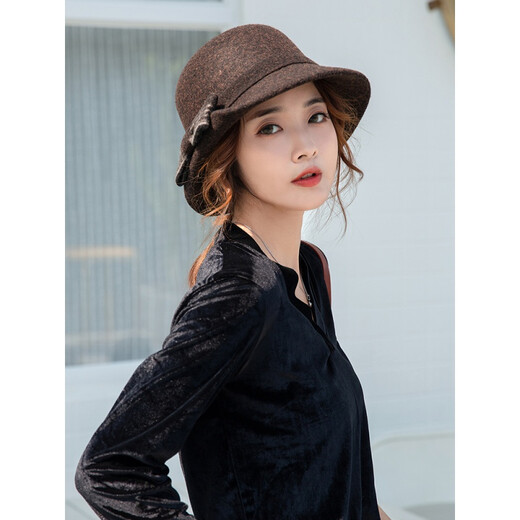 JIASHENGXI wool fisherman hat British hat women's autumn and winter versatile elegant basin hat fashion socialite Hepburn small brim French hat brick red adjustable