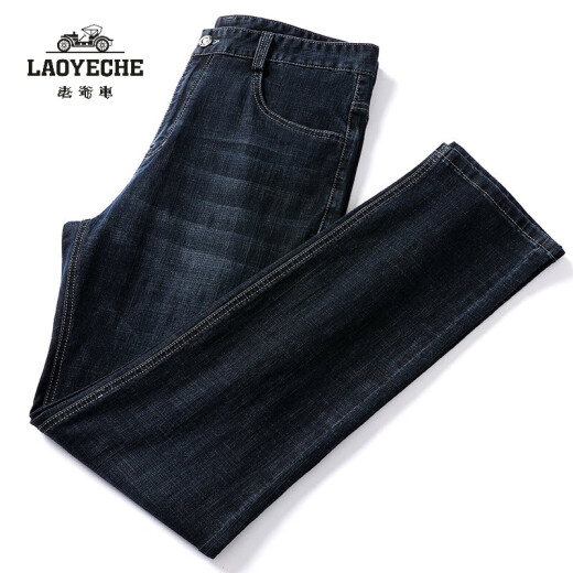 老爷车（LAOYECHE）牛仔裤男直筒高腰长裤棉弹水洗男裤春夏季薄款中老年商务休闲男装 AB3886蓝黑 30