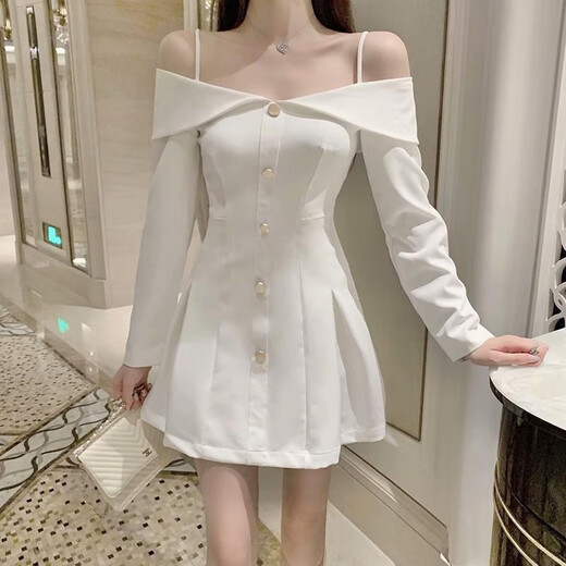MGJO 一字肩长袖连衣裙女法式蕾丝裙子2022秋季2022秋冬新款女神范衣服气质一字肩性感连 3897#黑色 2XL