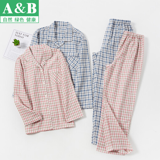 AB睡衣女夏纯棉长袖长裤两件套情侣男薄款春秋全棉格子家居服套装 G761 女士-深粉格子 L
