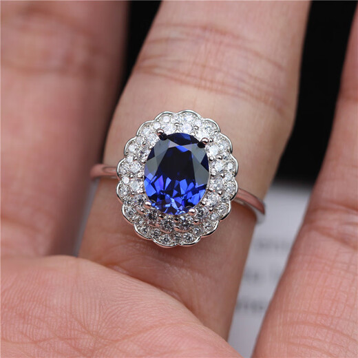 DL 1998 Tanzanite Sapphire 925 Silver Blue Ring Double Layer Diamond Retro Colored Jewel Ring Opening Japanese and Korean Female Silver Live Mouth (Main Stone 7X9mm) B6