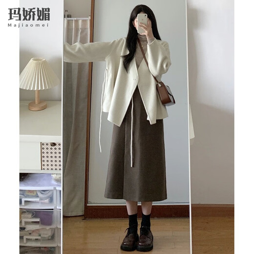 Majiaomei dress women's suit 2025 new autumn and winter clothing with a complete set of versatile jacket, bottoming shirt and skirt for women, apricot coat + apricot bottoming shirt + coffee skirt M
