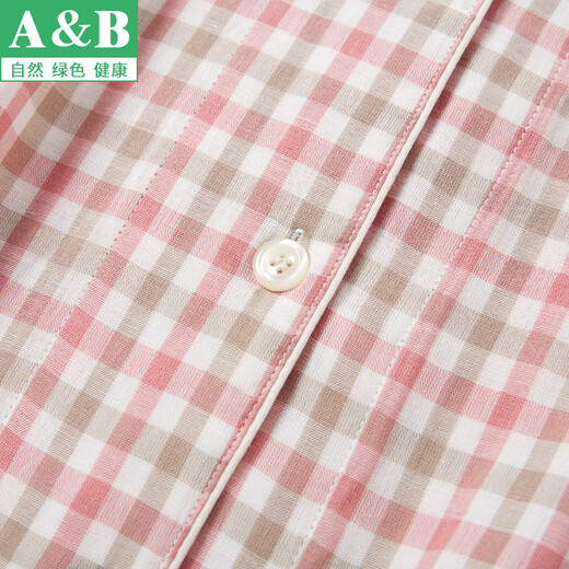AB睡衣女夏纯棉长袖长裤两件套情侣男薄款春秋全棉格子家居服套装 G761 女士-深粉格子 L