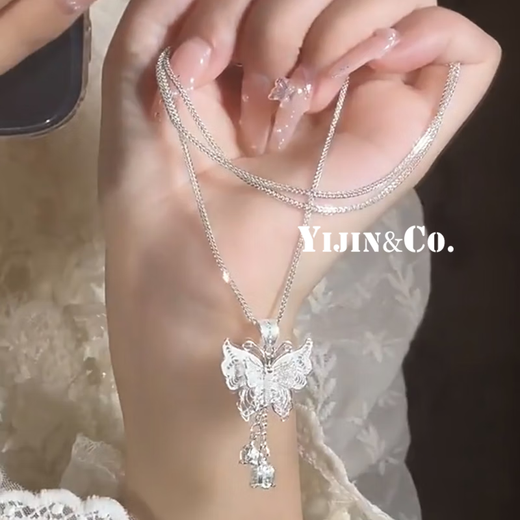 Yijin 999 Pure Silver Necklace Women's Butterfly Necklace Women's Exquisite Sterling Silver Clavicle Chain Light Luxury High-end Chinese Valentine's Day Gift Exquisite Gift Box Pure Silver Filigree Butterfly