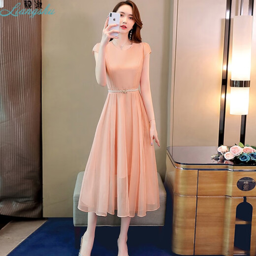 Beautiful lady dress chiffon 2021 new summer fashion temperament elegant slim dress fairy pink M