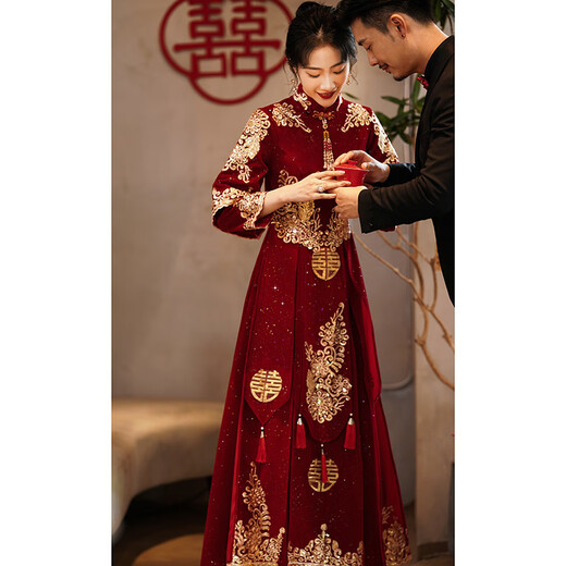 Ai Feilin new Chinese toasting dress cheongsam 2025 new burgundy Xiuhe dress bride wedding long-sleeved high waist slimming belly covering light Xiuhe dress 80 M