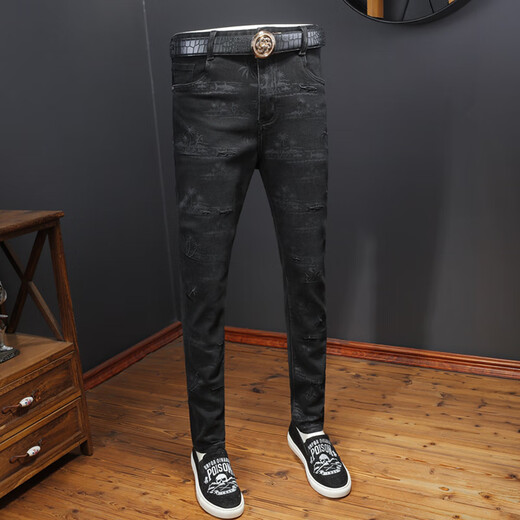 Mr. Guans Herbst- und Winter-Trendy-Jeans für die einfache schwarze Stretch-Hose von Männern schlanke schlankere Hose 2024 Herrenhosen 9898 Black 32