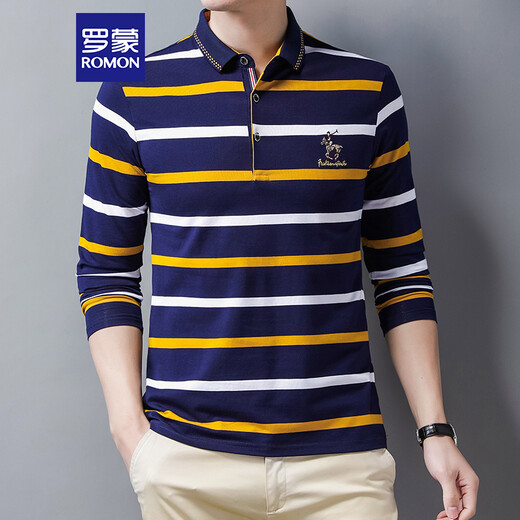 ROMON T-shirt men's spring and autumn striped lapel trendy business casual slim long-sleeved POLO bottoming shirt men's top BYBL8851 Yellow XL