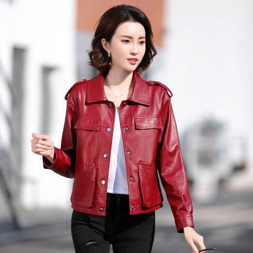 Jian Chao Faux Leather Jacket Women's Short 2021 Spring New Trendy Personalized Korean Style Straight Slim Solid Color Lapel Small Leather Jacket Short Jacket Women 8501 Burgundy M
