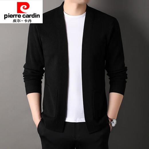 Pierre Cardin high-end wool sweater men's knitted cardigan spring and autumn new solid color fashion versatile casual black sweater jacket black L 170/ (suitable for weight 120-140)