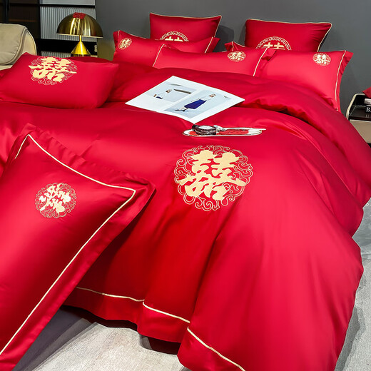 Boxingna Home Textiles four-piece wedding set red bed sheet quilt cover 60s pure cotton wedding room suite light luxury double bedding Jixiang 1.8m bed sheet four-piece set
