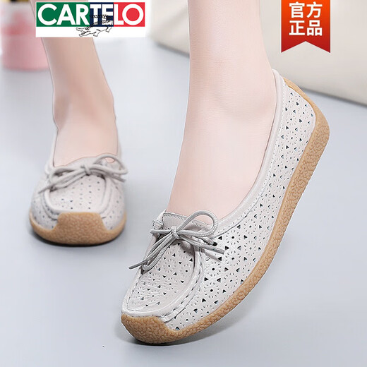 Cartelo echtes Leder -Frauen -Lederschuhe weiche Leder weiche Sohle Mutterschuhe Rindfleisch Sehnen Sohle alte Peking -Stoff Schuhe Frauen Sommer Hollow Casual Shoes 688 Grau (flach) 37
