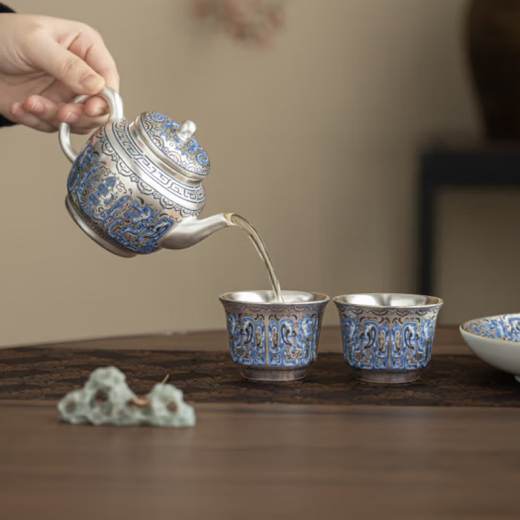 Heritage order high-end gilt silver one pot and two cups kung fu tea set teapot high-end gift box for leaders and elders gilt silver Fulong Gaozhao Yuanzheng teapot set one pot and two cups gift box