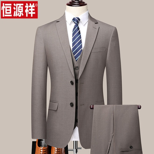 Hengyuanxiang high-end professional formal men's suit suit groom and best man wedding three-piece wool suit jacket gray (three pieces top + pants + shirt + tie) 160 (recommended 90-105 Jin Jin equals 0.5 kg)