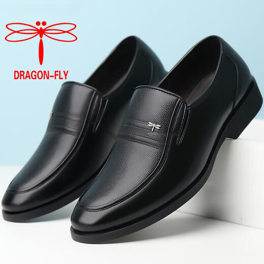 红蜻蜓;RED DRAGONFLY同款蜻蜓牌真皮男鞋男士商务休闲牛皮鞋正装内增高软底防滑老人鞋 平跟四季黑色 38