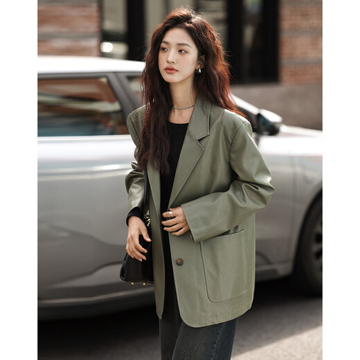Demana [Grey Green Pu Leather Suit Jacket] Spring and Autumn New Lazy and Easy Style Cool Girl Jacket Women