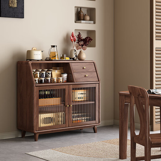 Yueying tung black walnut solid wood sideboard storage cabinet Nordic simple glass door storage cabinet wall-mounted home wine cabinet drawer cabinet black walnut two-door sideboard