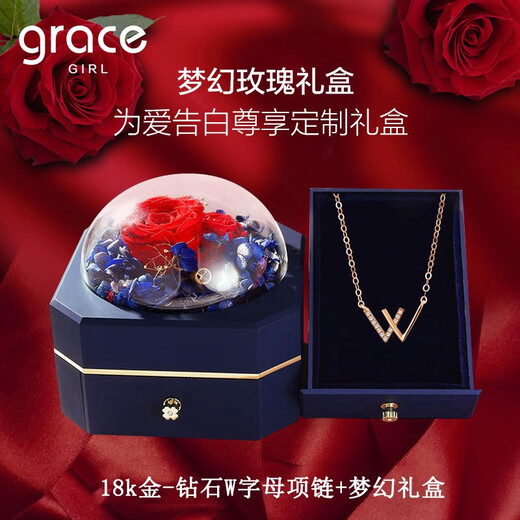 Grace Girl 18k gold w letter necklace for women light luxury fashion rose gold diamond pendant color gold temperament gift for girlfriend’s birthday 18k gold-w letter diamond necklace + fantasy