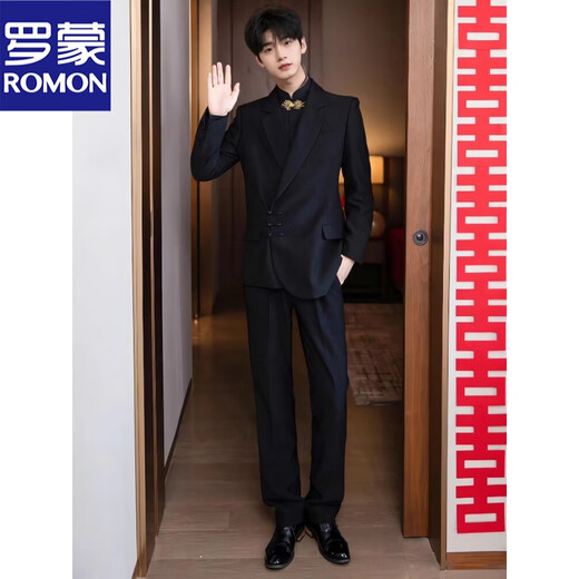 ROMON high-end new Chinese style Zhongshan suit jacket for men engaged groom wedding Chinese style suit dress Tang suit black two-piece suit jacket + pants XL