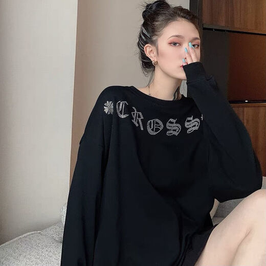 Shangjianfen women's niche 2025 spring and autumn new ins trendy brand hot diamond sweatshirt for women European and American heavy industry Sanskrit cross loose cross hot diamond sweatshirt - black high quality thin section XXS recommended 10Jin Jin equal to 0.5 kg or less