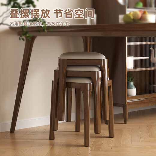 Small Craftsman Stool Solid Wood Home Dining Stool Stackable Upholstered High Stool Living Room Cosmetic Stool Walnut-Light Gray
