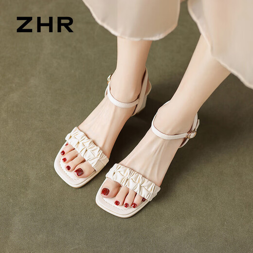 ZHR凉鞋女夏季粗高跟简约通勤方头女鞋一字带鞋子女 Y756 米色 38 