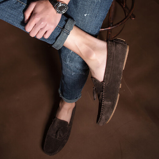 
Dengjian Doudou shoes men's soft sole summer anti-slip one-foot lazy shoes casual back-velvet flat-soled internet celebrity loafers driving shoes 9880 brown [four seasons] 37