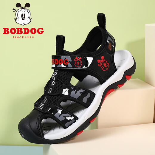 巴布豆（BOBDOG）童鞋男童凉鞋夏季新款时尚透气儿童包头沙滩鞋软底防滑旋转扣鞋子 902黑红色 39 码/内长24.5cm