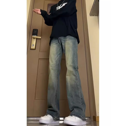 莫小刀复古蓝牛仔裤男春夏季新款微喇叭裤垂坠感休闲直筒美式裤子男高街 水泥灰T1697 XL 建议120-140斤