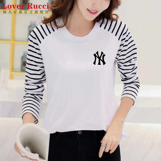 LOVER RUCCI French European women's long-sleeved versatile loose raglan sleeve T-shirt spring and autumn new pure cotton T-shirt women's casual gray blue sleeves (regular style) black picture, right chest L