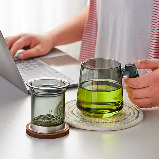 Mesni tea cup glass tea cup thickened heat-resistant dark green glass filter tea water separation cup tea set flower tea cup