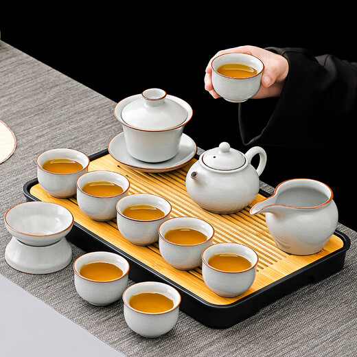 Tangfeng Ru Kiln Kung Fu tea set complete set with tea tray for home office reception high-end light luxury ceramic teapot tea cup set Ru Kiln Tianle covered bowl 10 pieces + Pinsheng