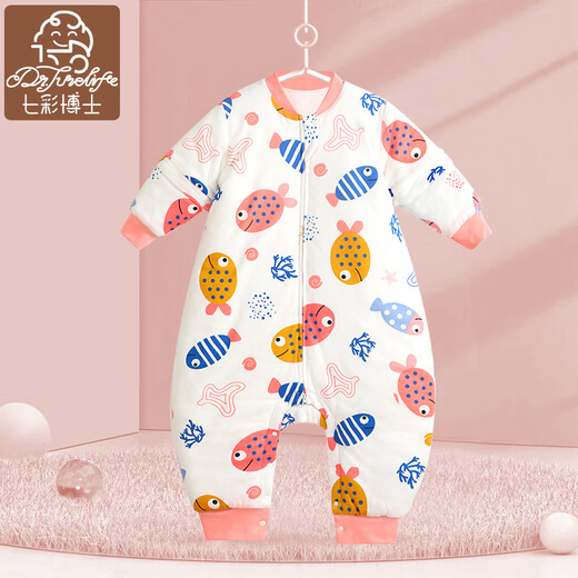 Colorful Dr. Baby Split Leg Sleeping Bag Autumn and Winter Pure Cotton Children's Anti-Kick Quilt Thick Removable Sleeves Long Sleeves Baby Prevents Colds Happy Little Fish-240G Autumn and Winter Thickened Version XL Code