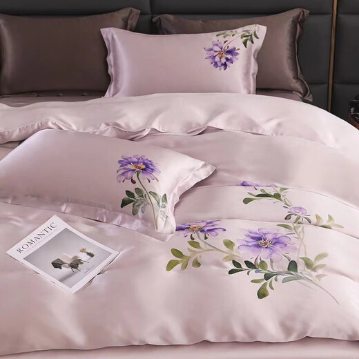 Shibeini National Trends Bedding Single Hand Painted Silk Four-Piece Set Double-sided 100% Mulberry Silk Quilt Cover Bedding Kit Yuncai Fengshu 3878 1.8-meter Bed Sheet Style (Quiet Cover 200x230cm)