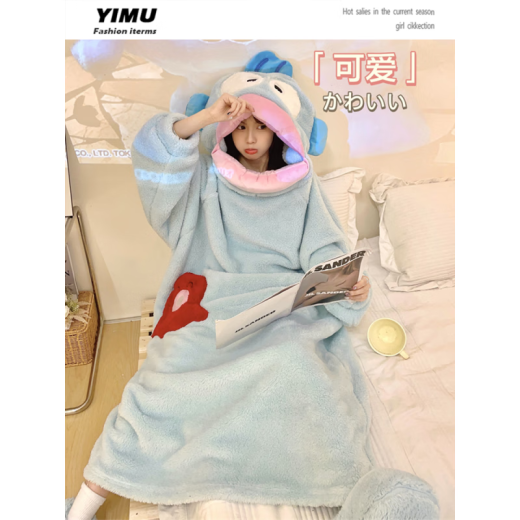浅伊琳居MU搞怪小丑鱼珊瑚绒睡衣闺蜜情侣卡通连体长款睡袍家居服加厚 蓝色鲨鱼单睡袍#4839 M  建议75-120斤