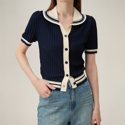 Fan Silan College Style versatile contrasting color POLO collar knitted cardigan 2024 summer new top 24FS12115 Navy blue M