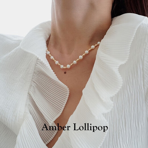 Amber Lollipop Baroque Pearl Necklace Simple Niche Women's Necklace Anniversary Birthday Gift for Girlfriend and Wife Gold