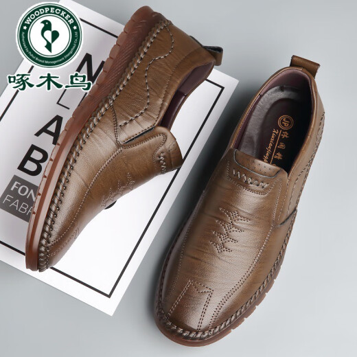 Woodpecker leather shoes for men 2024 new soft cowhide men's shoes business casual shoes tendon bottom bean shoes spring and summer hollow dad shoes khaki 518838